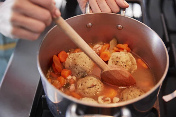 Close Woman Cooking Jewish Matzon Ball Soup — Stock Photo, Image