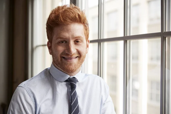 Young Red Haired Bearded Businessman Smiling Camera — Stock Photo, Image