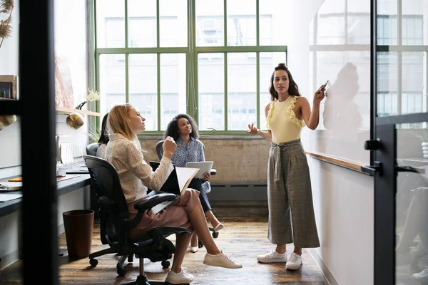 Mujer Mirando Pizarra Una Reunión Con Equipo Femenino — Foto de Stock