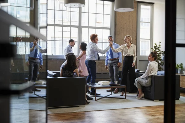 Colleagues Shake Hands Meeting Seen Open Doors — Stock Photo, Image