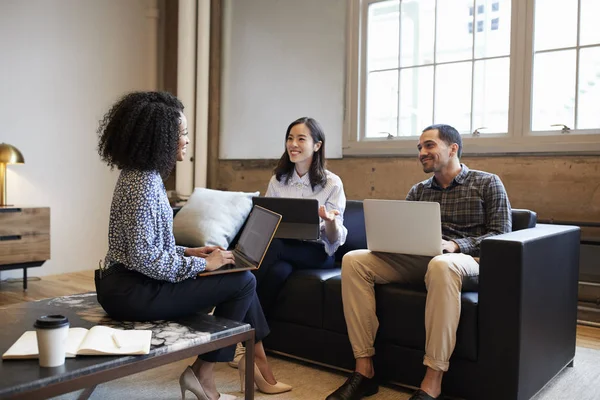 Smiling work colleagues with laptops at a casual meeting