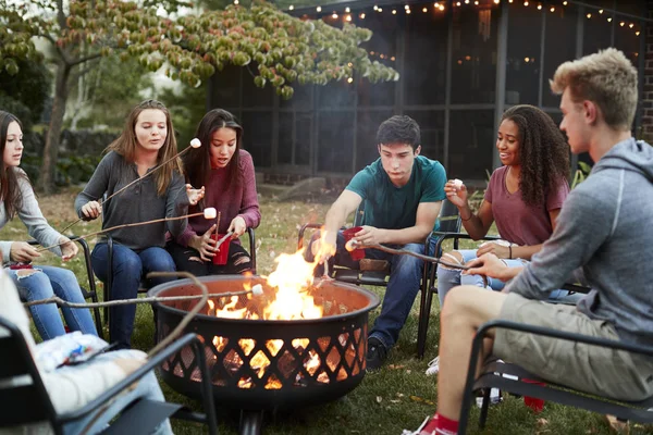 Jeugdvrienden Zitten Rond Een Vuurplaats Marshmallows Roosteren — Stockfoto