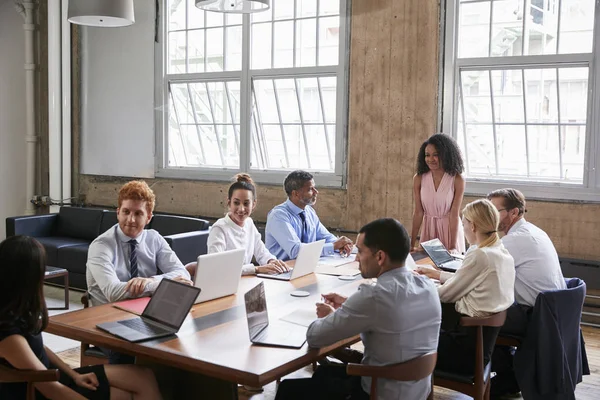 Colleagues Turning Woman Boardroom Meeting — Stock Photo, Image