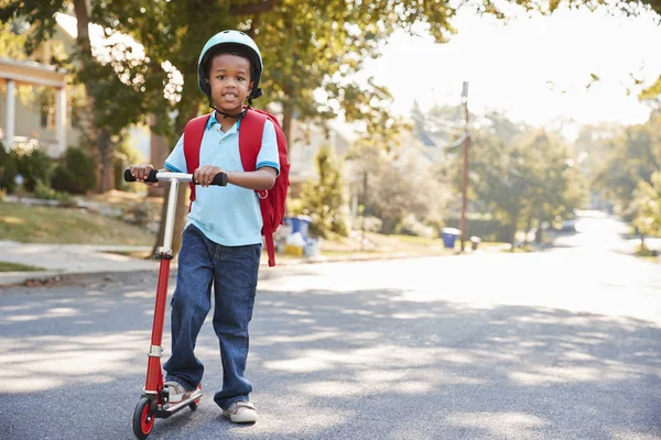 Young Boy Riding Scooter Street School — Stock Photo, Image