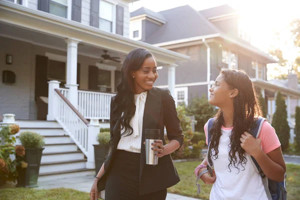 Businesswoman Mother Walking Daughter School Way Work — Stock Photo, Image