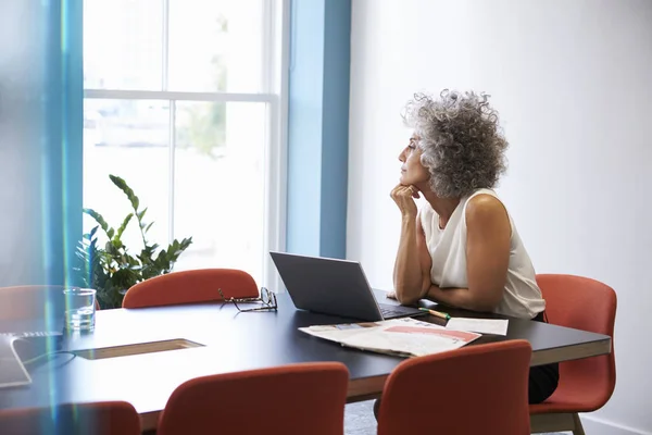 Mujer Mediana Edad Mirando Por Ventana Sala Juntas — Foto de Stock