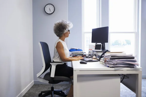 Kobieta Pomocą Laptopa Jej Biurze Średnim Wieku — Zdjęcie stockowe