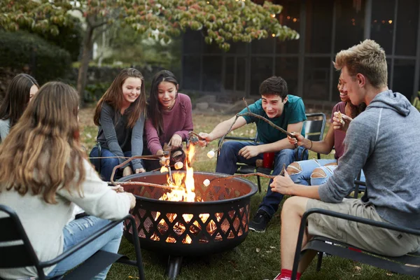Teenager Freunde Sitzen Eine Feuerstelle Und Prosten Marshmallows — Stockfoto