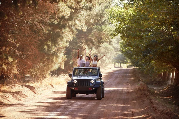 Des Amis Qui Amusent Conduire Dans Une Jeep Toit Ouvert — Photo