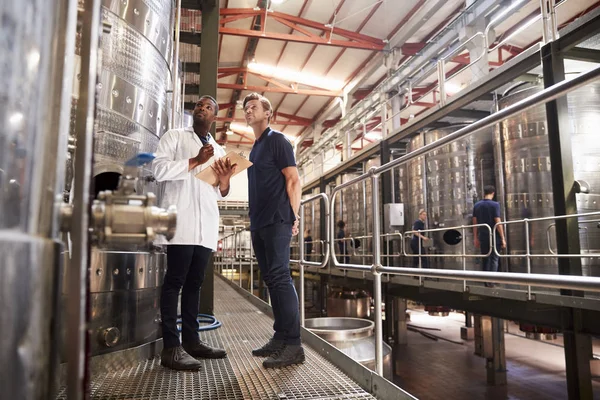 Dois Técnicos Sexo Masculino Que Trabalham Uma Fábrica Vinho Baixo — Fotografia de Stock