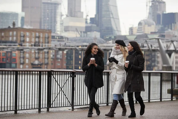 Amigos Sexo Feminino Caminham Longo Banco Sul Visita Inverno Londres — Fotografia de Stock
