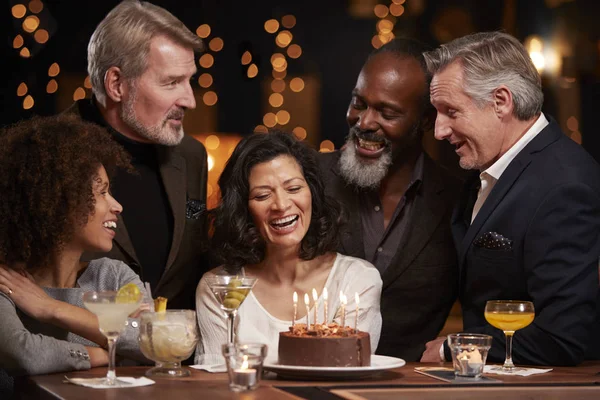Group Middle Aged Friends Celebrating Birthday Bar — Stock Photo, Image