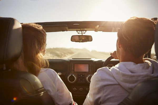 Young Couple Driving Sunroof Open Rear Passenger Pov — Stock Photo, Image