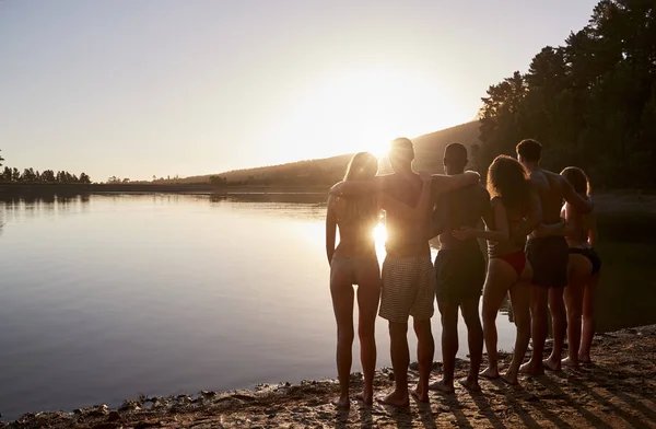 Jovens Amigos Adultos Pendurados Margem Lago Vista Traseira — Fotografia de Stock