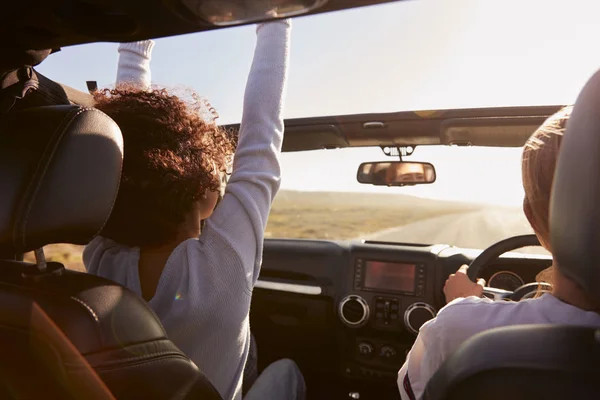 Girlfriends Driving Sunroof Open Rear Passenger Pov — Stock Photo, Image