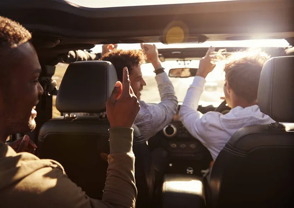 Three Young Adult Men Having Fun Driving Open Top Car — Stock Photo, Image