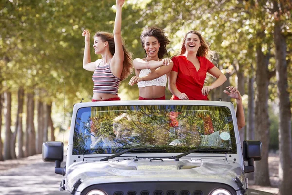 Freundinnen Stehen Einem Offenen Auto Mit Armen Der Luft — Stockfoto