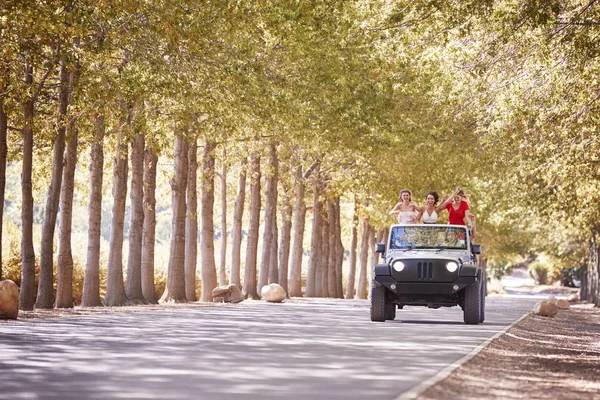 Vänner Körning Tom Väg Öppen Topp Jeep — Stockfoto