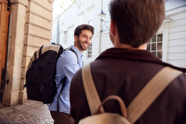 Vista trasera de pareja gay masculina en vacaciones con mochilas Walki —  Fotos de Stock