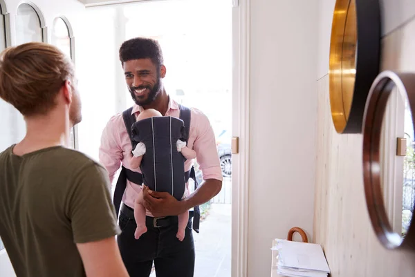Same Sex Male Couple Baby Daughter Sling Opening Front Door — Stock Photo, Image