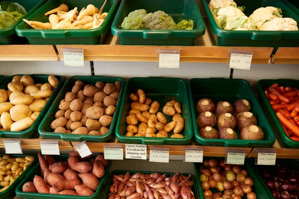 Exhibición Verduras Frescas Tienda Granja Ecológica — Foto de Stock