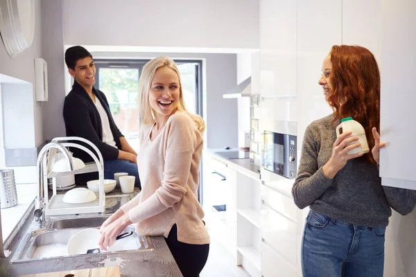 Bir Grup Üniversite Öğrencisi Mutfağı Paylaşıp Bulaşıkları Yıkıyor Birlikte Takılıyor — Stok fotoğraf