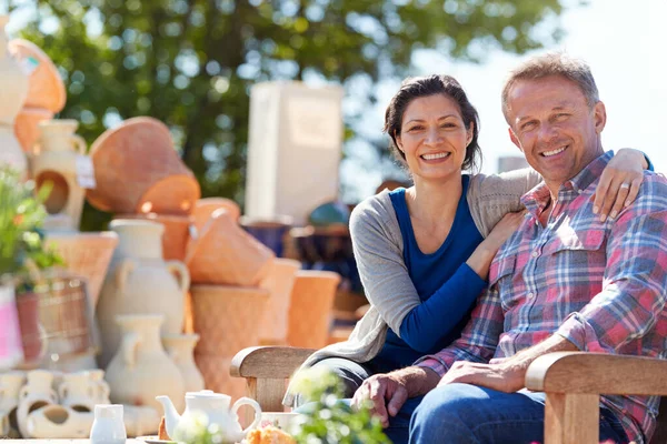 Portrait Mature Couple Sitting Bench Cafe Whilst Visiting Garden Center — Stock Photo, Image
