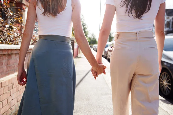 Close View Same Sex Female Couple Holding Hands Walk Road — стоковое фото