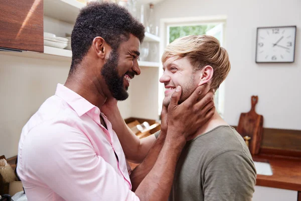 Loving Male Gay Couple Hugging Home Kitchen — Stok Foto