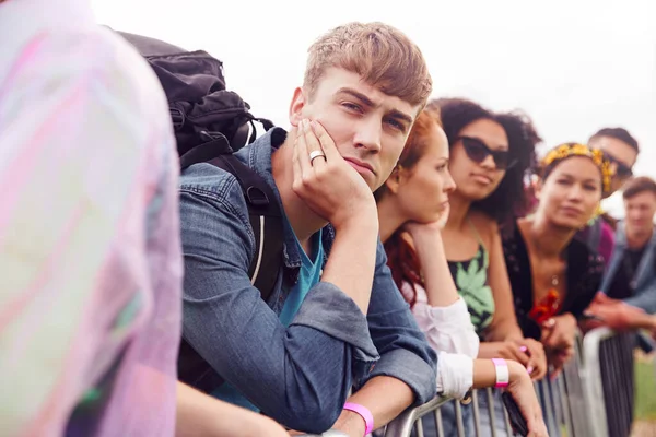 Group Young Friends Waiting Barrier Entrance Music Festival Site — Stock Photo, Image