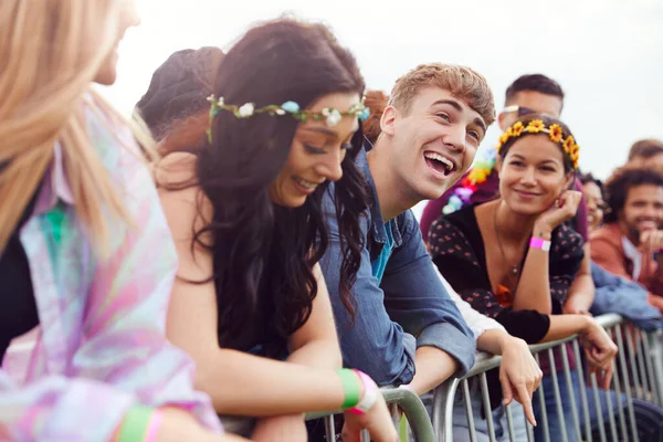 Group Young Friends Waiting Barrier Entrance Music Festival Site — Stock Photo, Image