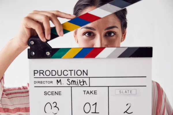 Portrait Of Female Videographer Holding Clapper Board On Video F — Stock Photo, Image