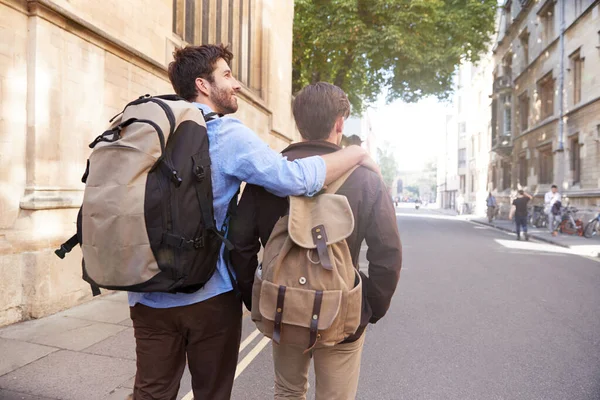 Vista trasera de pareja gay masculina en vacaciones con mochilas Walki —  Fotos de Stock