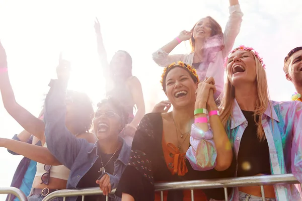 Cheering Young Friends Audience Barrier Outdoor Festival Enjoying Music — ストック写真