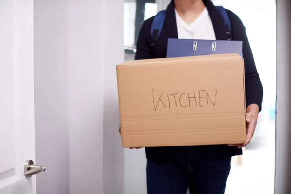 Close Male College Student Carrying Box Labeled Kitchen Moving Accommodation — Stock Photo, Image