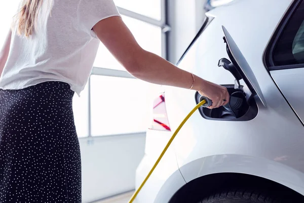 Close Woman Charging Electric Vehicle Cable Garage Home — Stock Photo, Image