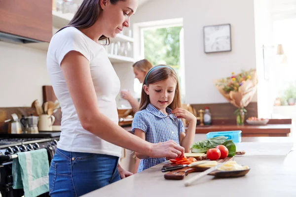 Stesso Sesso Coppia Femminile Con Figlia Preparare Scuola Pranzo Casa — Foto Stock