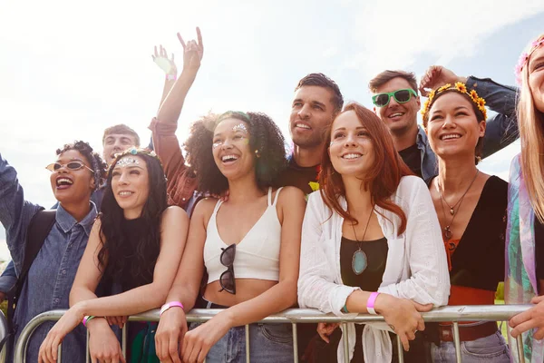 Young Friends Audience Barrier Dancing Singing Outdoor Festival Enjoying Music — Stock Photo, Image