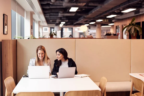 现代开放计划工作空间中的两位年轻女企业家共聚一堂 — 图库照片