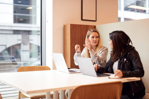 Dos Jóvenes Empresarias Reunidas Torno Mesa Moderno Espacio Trabajo Planta — Foto de Stock