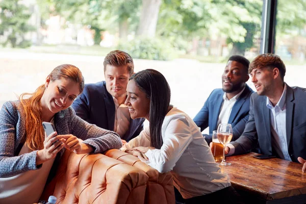 Group Business Colleagues Posing Selfie Bar Work — Stock Photo, Image