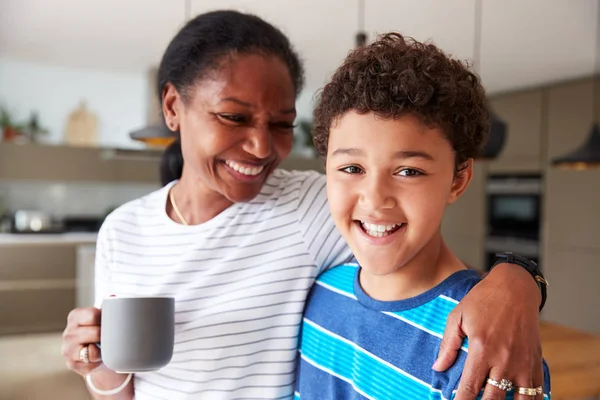 Portrait Grandmother Drinking Coffee Grandson Kitchen Home — Stock Photo, Image