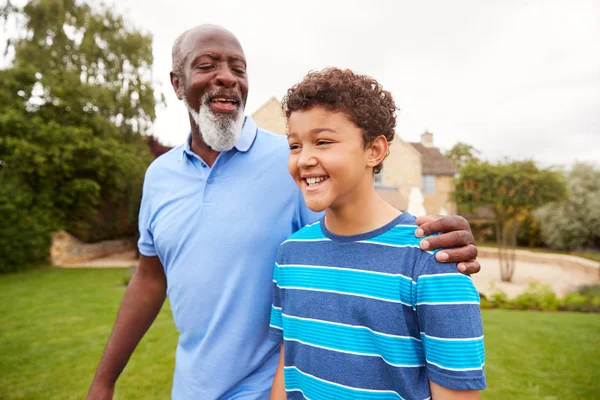 Grandfather Grandson Walking Garden Home — Stock Photo, Image