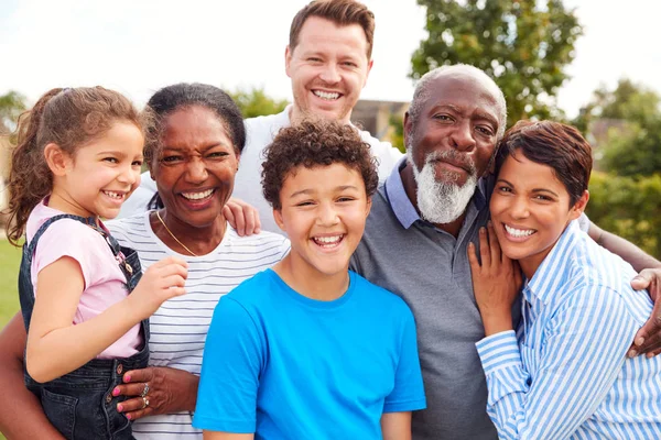 Portrait Smiling Multi Generation Mixed Race Family Garden — стоковое фото