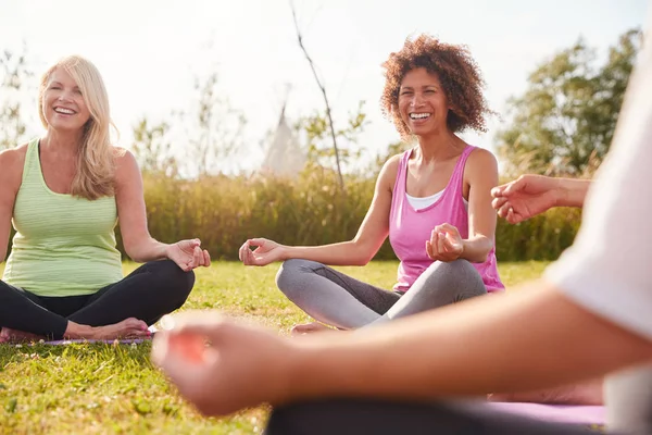 Grupo Hombres Mujeres Maduros Clase Retiro Yoga Aire Libre Sentado —  Fotos de Stock