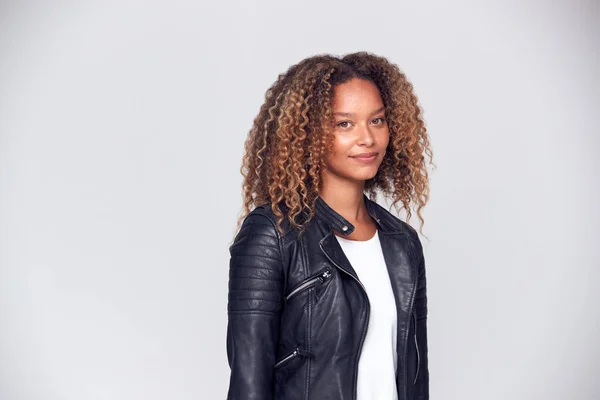 Waist Studio Shot Happy Young Woman Wearing Leather Jacket Smiling — Stock Photo, Image