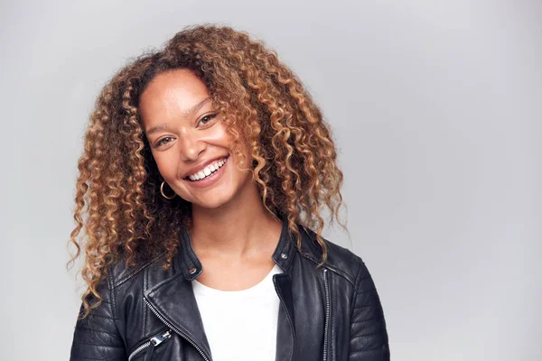 Waist Studio Shot Happy Young Woman Wearing Leather Jacket Smiling — Stock Photo, Image