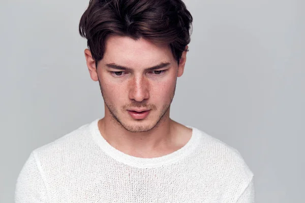 Studio Portrait Young Man Guilty Expression Looking — Stock Photo, Image