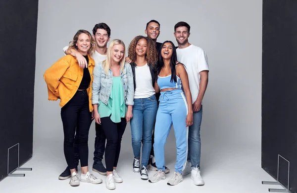 Group Studio Photo Shoot Young Multi Cultural Friends Smiling Laughing — Stock Photo, Image