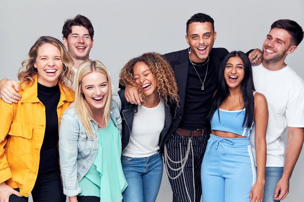 Group Studio Shot Young Multi Cultural Friends Smiling Laughing Camera — Stok Foto